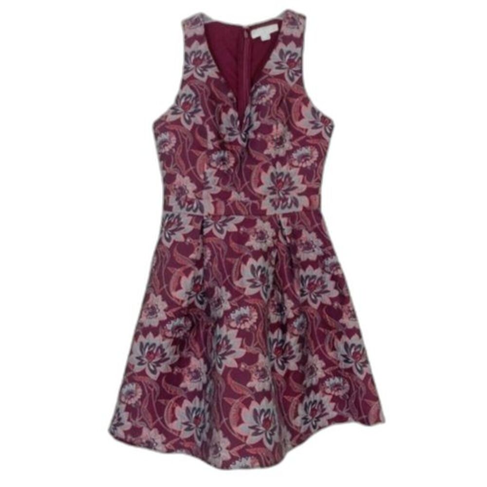 Francesca's Bordeaux Floral Brocade Satin Fit & Flare Dress, Size M (6-8) VGUC